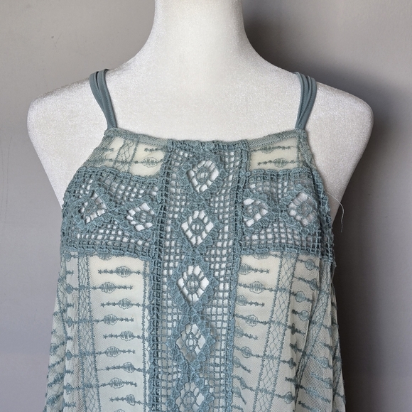 Boho Sleeveless Crochet Lace Babydoll Asymmetrical Hem Sheer Fairycore Top L - Picture 3 of 7